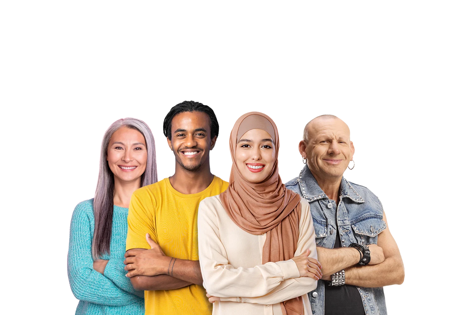 Vier Menschen unterschiedlichen Alters und Stils stehen nebeneinander und lächeln in die Kamera. Das Bild symbolisiert Vielfalt, Offenheit und Gemeinschaft – eingesetzt im Slider der Bären Apotheke Hochfeld der Dr. Kottenberg Apotheken.